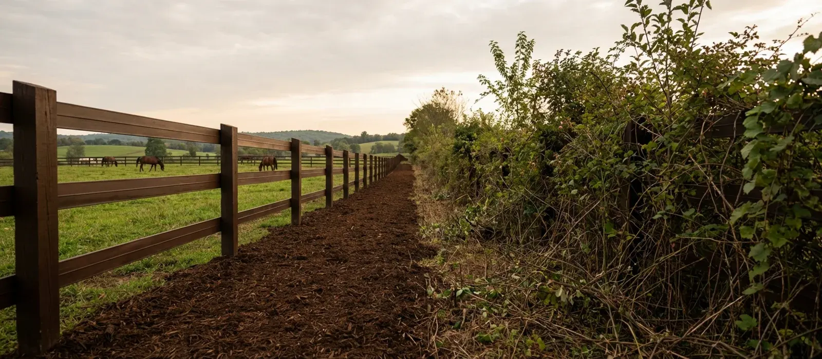 Freshly cleared fence line on a New Jersey horse property showing clean post-and-rail fencing with brown mulch on both sides and green pasture beyond