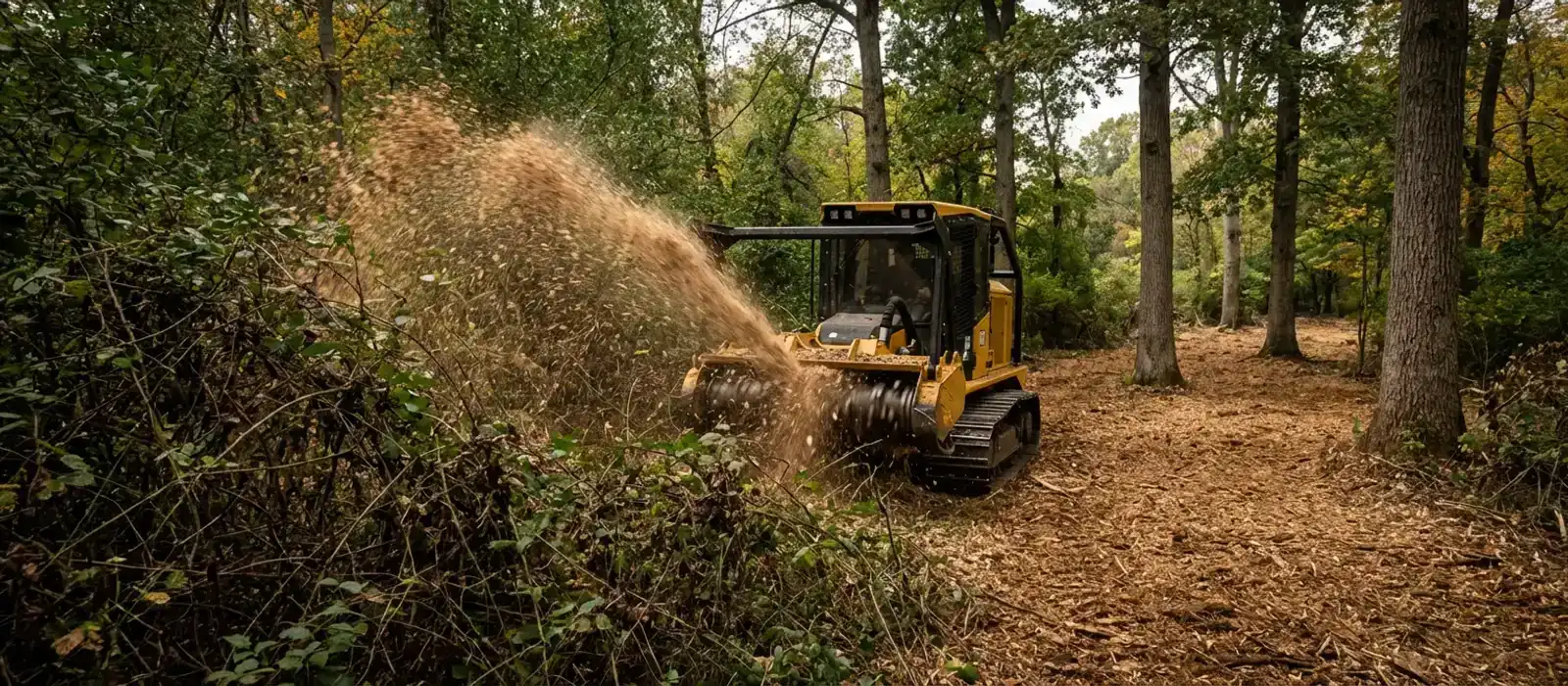Tracked forestry mulcher grinding brush and saplings on a wooded New Jersey property with cleared mulched ground behind the machine and dense undergrowth ahead