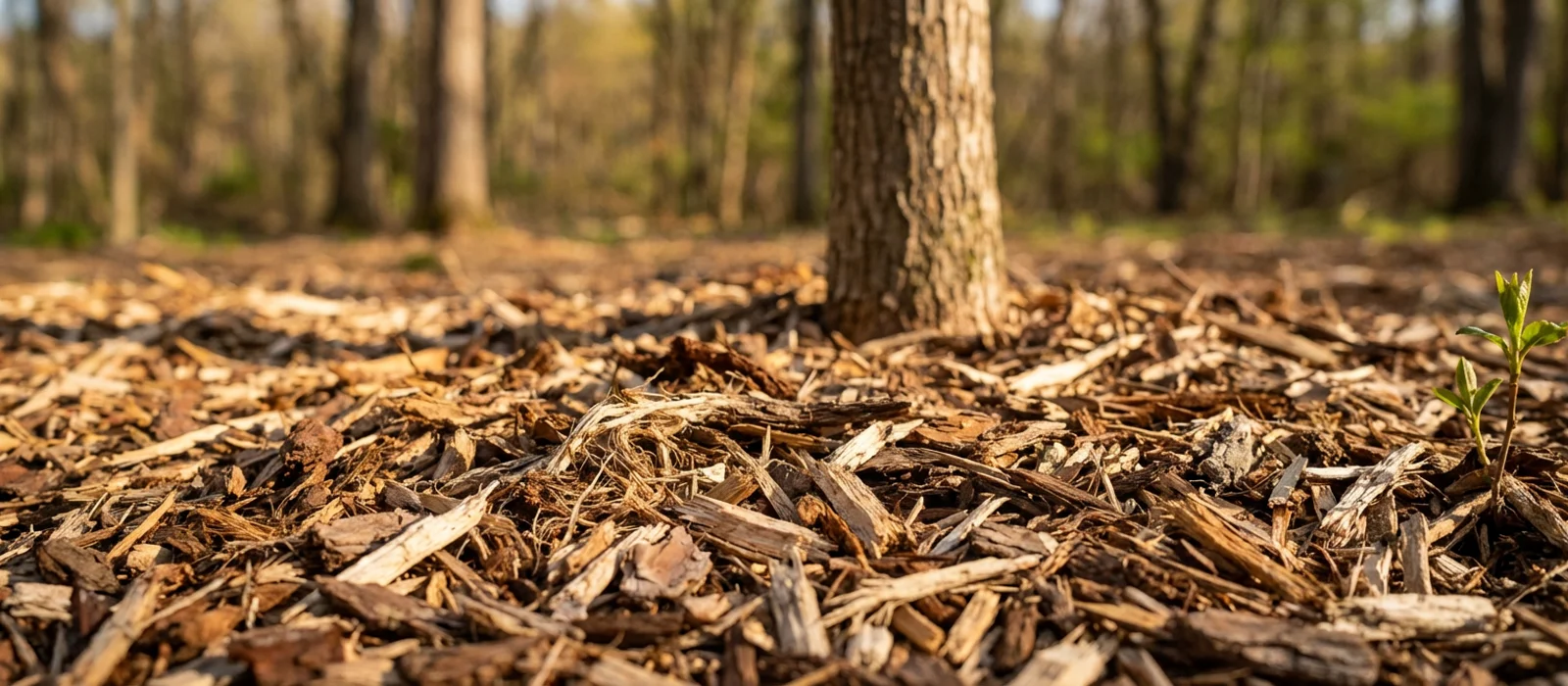 Close-up of fresh forestry mulch covering cleared ground on a New Jersey property showing the interlocking wood chip texture that prevents erosion and suppresses regrowth