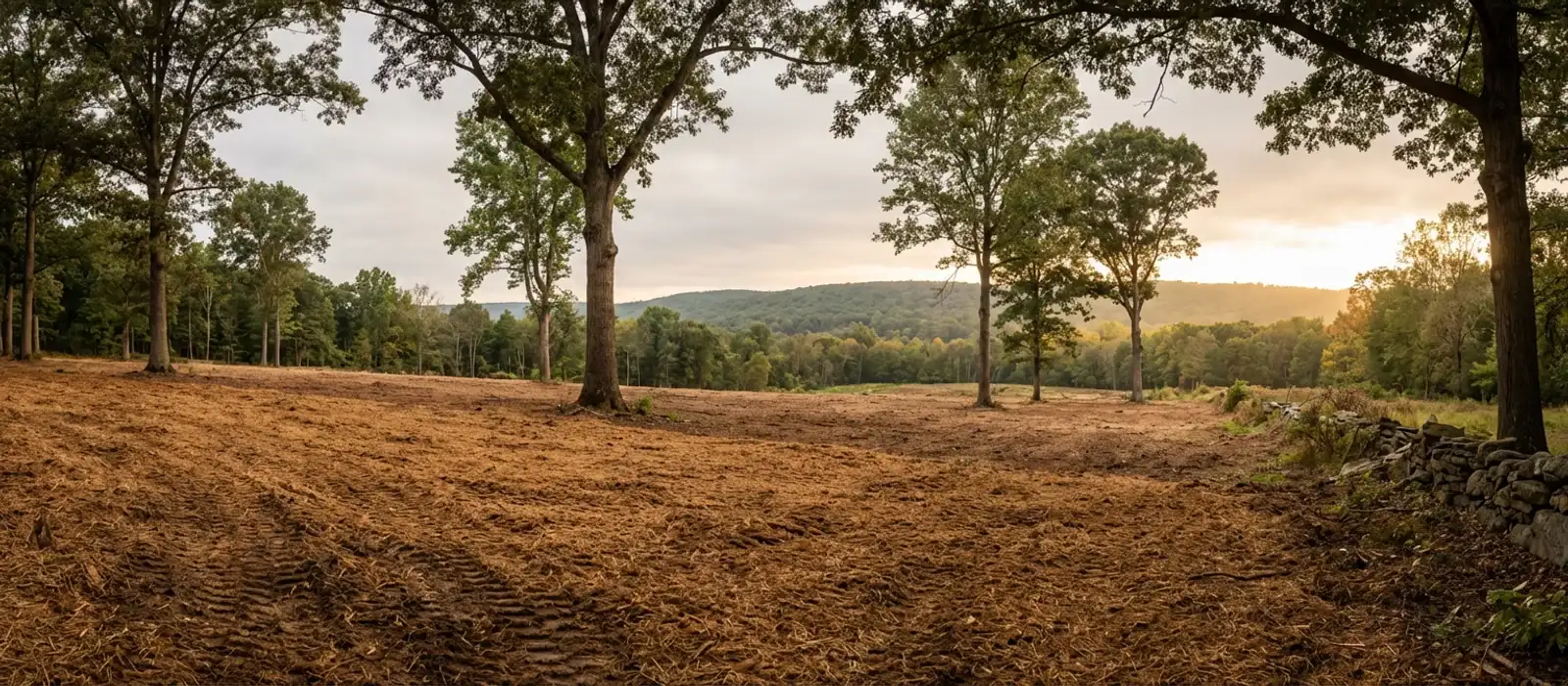 Wide view of a recently cleared rural New Jersey property with fresh mulch covering rolling terrain, mature hardwood trees left standing, and the Hunterdon County ridgeline in the background