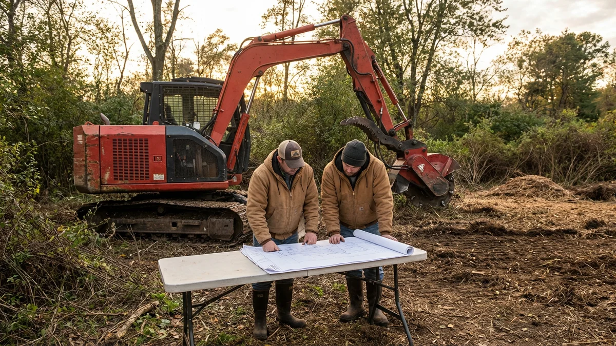 Brush Busters team reviewing a land clearing plan on a New Jersey property