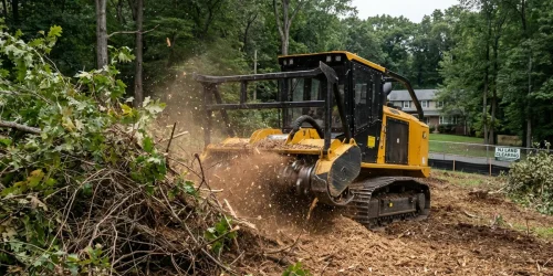 Tracked forestry mulcher clearing brush on a New Jersey property