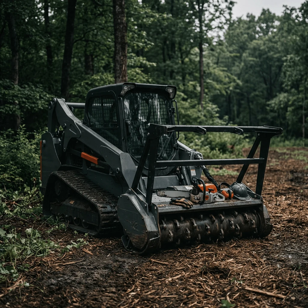 Brush clearing equipment working in wooded New Jersey terrain